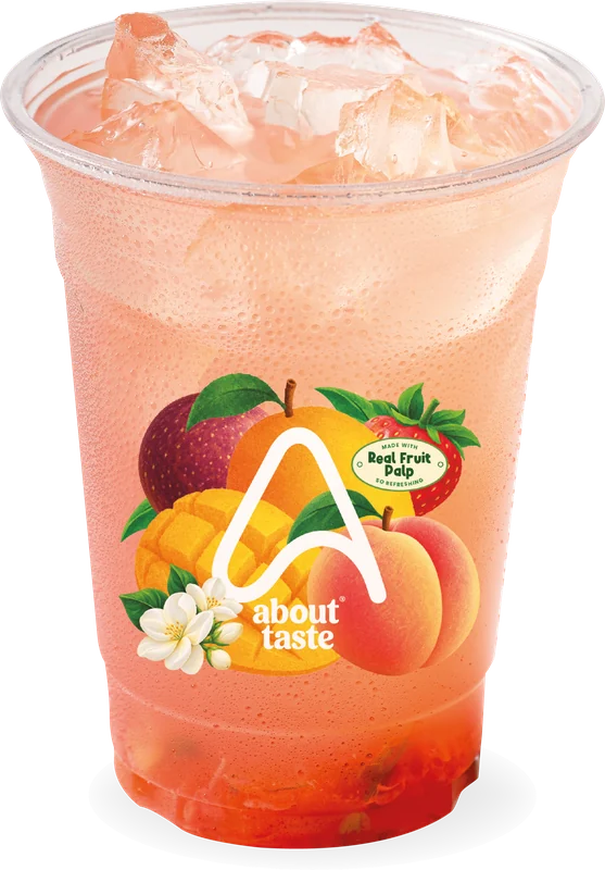 Three About Taste fruit juices: mango, peach and jasmine, and strawberry